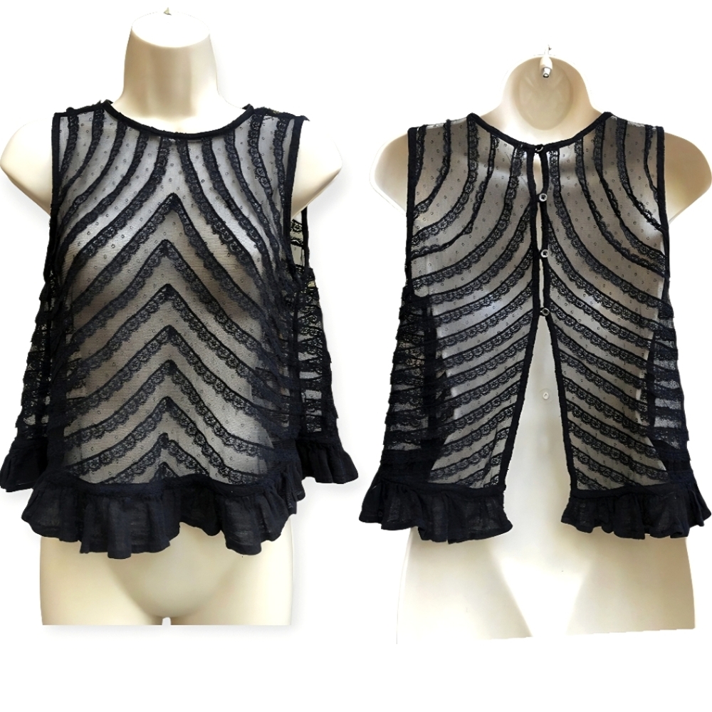 ☆Free People Black Sheer Lace Ruffle Frill Top☆